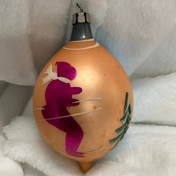 Vintage Handblown Mercury Glass "Skier" Hand Painted Tear Drop Ornament POLAND - Picture 1 of 8